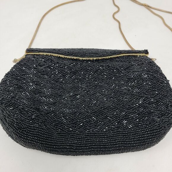 VINTAGE Carla Marchi Black Fully Beaded Clutch Evening Bag Gold Chain Gorgeous - Picture 2 of 8